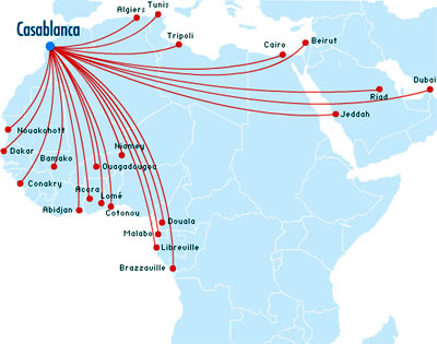 Royal Air Maroc Flight Route Map - Africa and Middle East