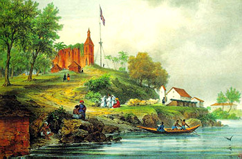 French Painting of Malacca history with River and Portuguese Church