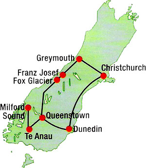 New Zealand Glacier Wonderland Package Map Route